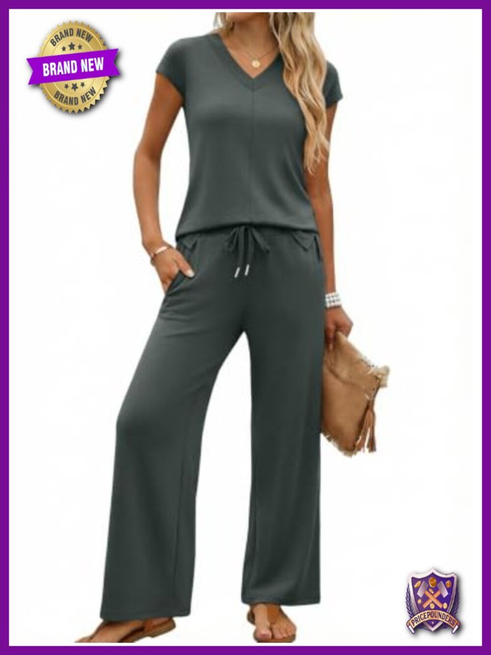 Women's 2 Piece Lounge Set Cap Sleeve Top Wide Leg Pants Travel Outfit